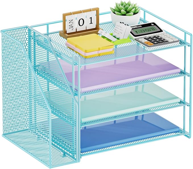Marbrasse 4-Tier Paper Tray Organizer with File Holder, Blue | Sturdy Paper Tray, Built-in File Holder, fits Letters/Docs, Saves Desk Space, for School/Office/Home