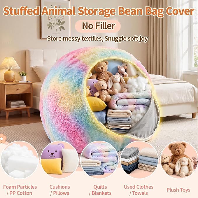 Stuffed Animal Storage Bean Bag Chair Cover, Soft Bean Bag Cover | Fluffy Faux Fur Stuffed Animal Storage Chair, Non-Slip Bottom, Fill with Plush Toys or Blankets, for Adults Teens Kids Girls