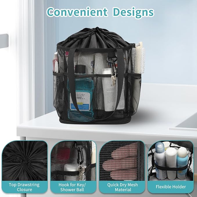 Mesh Shower Caddy Portable for College Dorm Room Essentials, Shower Tote Bag with Hanging Hook and Drawstring, Quick Dry Toiletry Bag with 6 Pockets for Bathroom, Swimming, Gym, Camping, Beach, Travel