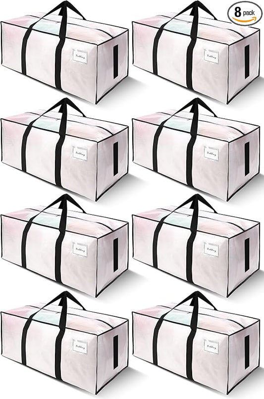 SWEET DOLPHIN 8 Pack 200LB Heavy-Duty Moving Bags with Wrap-Around Handles, Extra Large Storage Totes for Space Saving, Clothes Storage Bags, College Dorm Essentials, Semi-Transparent, 24 Gal