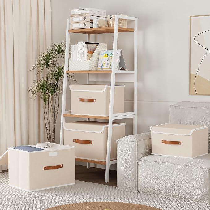 Yawinhe Storage Bins with Lids,Beige,17.7x11.8x11.8in,5-Pack | Fabric Container with Leather Handle,Washable Home Basket, Clothes Blanket Storage Boxes,Collapsible Closet Organizer