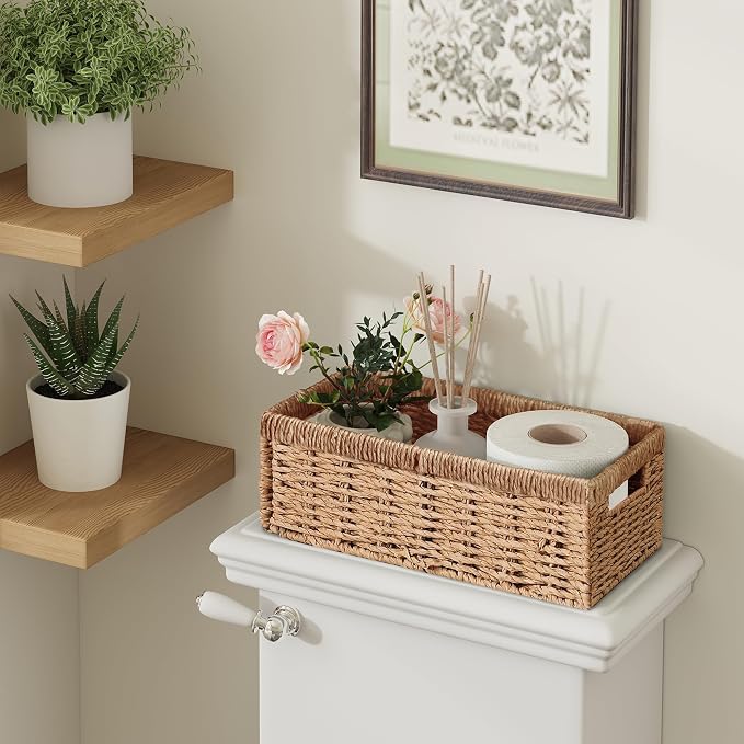 Wicker Storage Basket, Set of 2 Toilet Paper Storage Basket, Paper Rope Toilet Organizer Basket for Countertop, Storage Basket for Over Toilet Shelf, Decorative Storage Bins for Home Decor, Natural