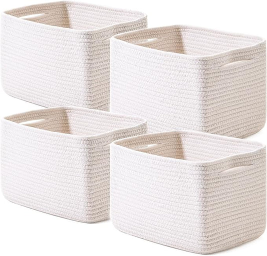 ICERZCZ Storage Baskets for Organizing 12.5"x9.1"x7.9" (4 Packs) Off White | Storage Bin for Shelves, Woven Cotton Rope Basket with Handles for Bedroom Living Room Nursery Bathroom