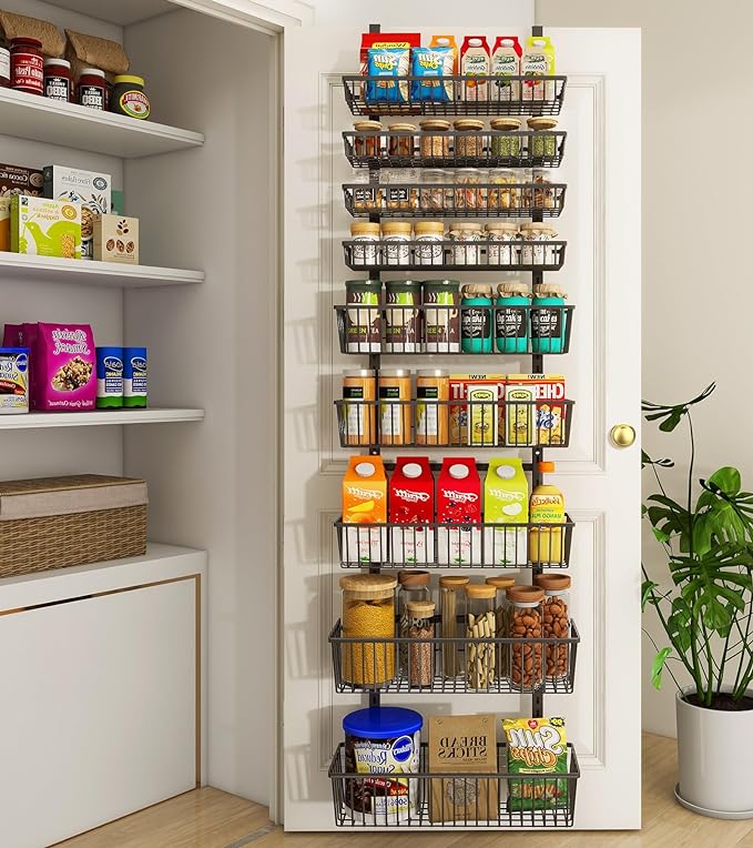 Mefirt 9-Tier Over The Door Pantry Organizer, Pantry Storage & Organization | Pantry Hanging Organizers and Storage, Adjustable Heavy-Duty Metal for Home & Kitchen, Back of Door Seasoning Rack