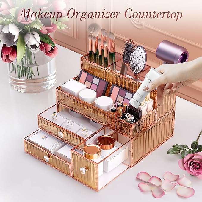 Youdepot Golden Tempered Glass Vanity Organizer for Cosmetics | Makeup Organizer, Skincare, Hair Tools, Brushes, Perfume, Multipurpose Bathroom Counter Skincare Organizer