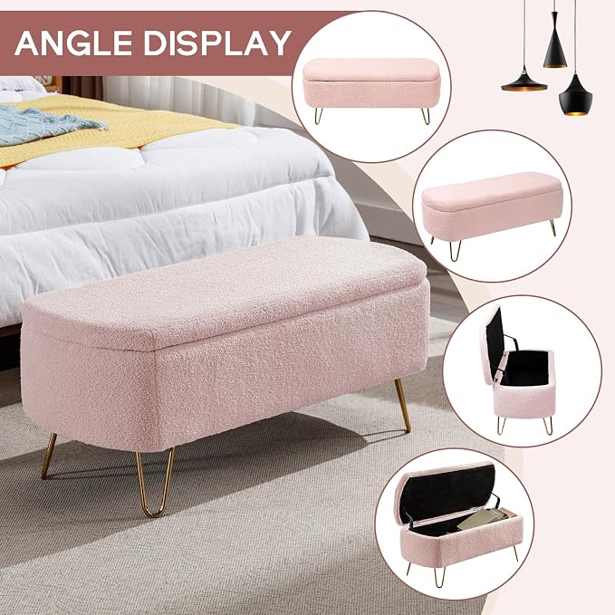 Modern Storage Ottoman Bench, Teddy Upholstered Entryway Bench with Gold Legs, Vintage End of Bed Bench with Safety Hinge, Padded Bench with Storage for Living Room, Bedroom, Entryway (Pink)