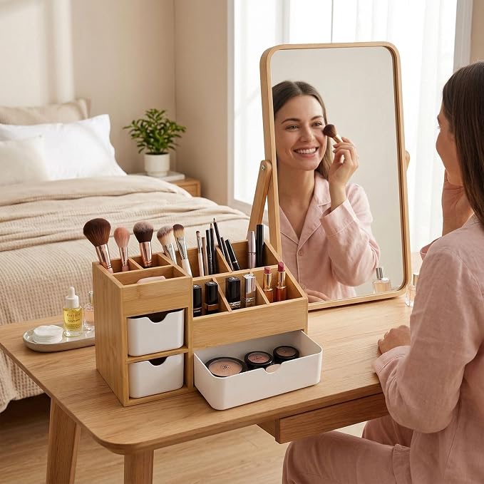 Bamboo Makeup Organizer with 3 Drawers & Adjustable Dividers, Desk Cosmetic Storage Box, Vanity Countertop Organizer for Bathroom, Office, Bedroom, Natural Bamboo Color (11.5x5.4in)