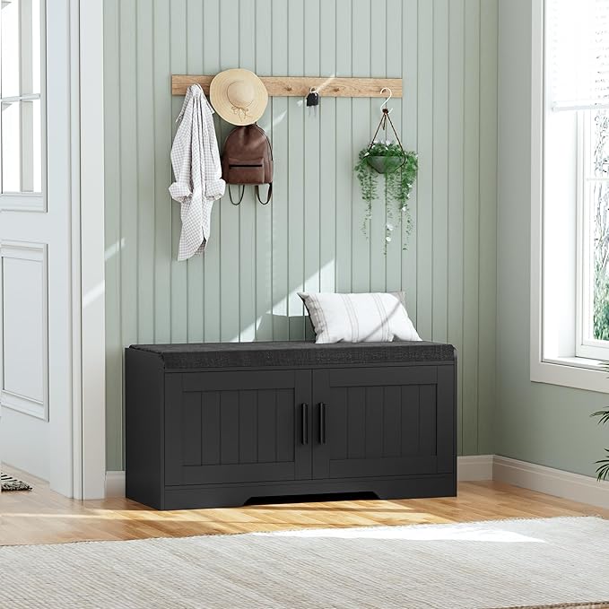 Homleke Shoe Storage Bench, 2 Doors & Thickened Padded Seat Cushion | 2-Tier Shoe Bench, Entryway Bench, Adjustable Shelf, 13.8" D x 37.4" W x 18.5" H, for Living Room, Bedroom, Black