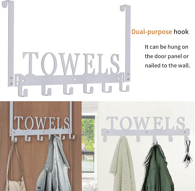 Over The Door Hooks, Towel Rack for Bathroom, Door Mount Towel Hooks Bath Towel Hanger for Bedroom Kitchen Pool Beach Towels Bathrobe Wall Mount Towel Holder for Bathrooms (6 Hooks, Silver Grey)