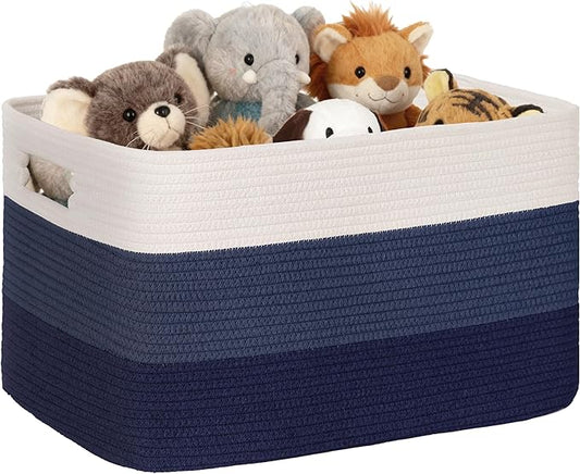 86L Large Woven Laundry Basket Hamper with Handles, Gradient Blue | collapsible wicker hamper, storage for dirty clothes, toys, blankets, gifts, living room, bedroom, bathroom, 24"x16"x14"