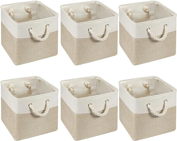 Geiserailie 6 Pcs 11 x 11 Inch Cube Storage Bins Fabric Storage Organizer Bins Foldable Cube Baskets with Sturdy Carry Handles Wicker Baskets for Home (White,Light Brown)