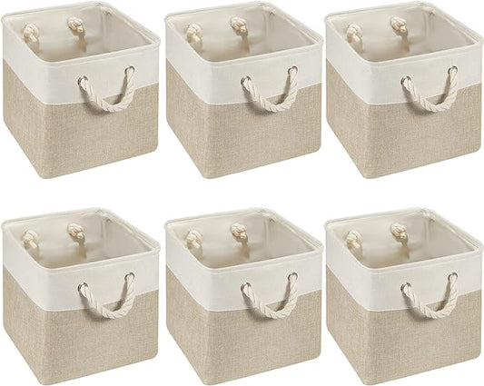 Geiserailie 6 Pcs 11 x 11 Inch Cube Storage Bins Fabric Storage Organizer Bins Foldable Cube Baskets with Sturdy Carry Handles Wicker Baskets for Home (White,Light Brown)