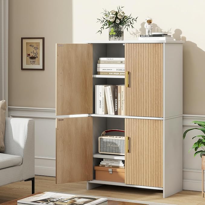 Bathroom Storage Cabinet, Floor Cabinet with 4 Fluted Doors and 2 Adjustable Shelves Wooden Tall Freestanding Organizers and Storage,White