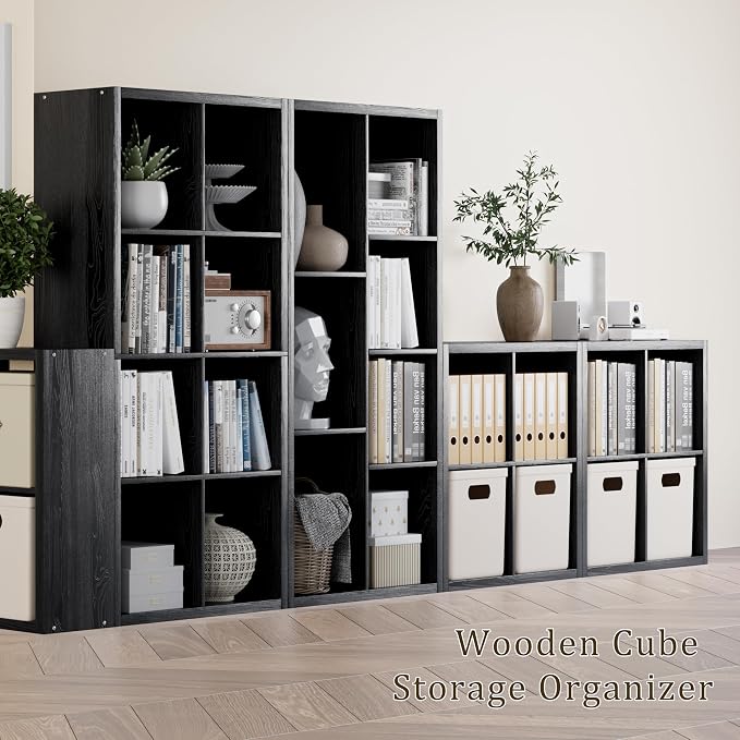 VDNEND Cube Storage Organizer Bookcase, Decorative 11 inch Open Back Cubical Shelf with Thickened Border, Display Bookshelf for Living Room, Home Office, Sturdy Room (Black, 8 Cube)