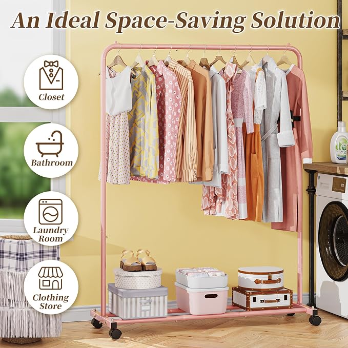 Simple Trending Standard Clothes Clothing Garment Rack with Storage Shelves, Rolling Clothes Organizer on Wheels for Hanging Clothes, Pink