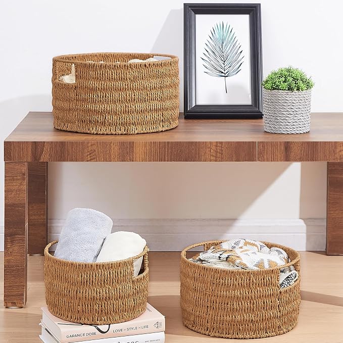 Wicker Storage Basket, Hand-Woven Paper Rope Large Round Woven Basket With Handles, Wicker Baskets for Organizing/Storage, Natural, 3-Pack