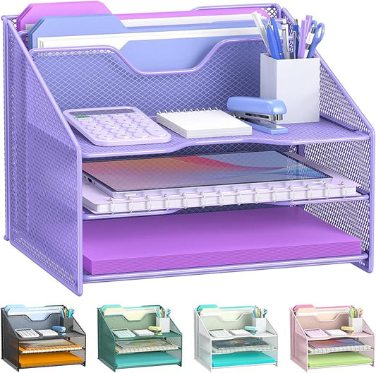 Samstar Purple Desk File Organizer, Mesh Letter File Folder Holder with 3 Paper Trays and 2 Vertical Upright Section, for Office Supplies, Desk Accessories & Workspace, Purple