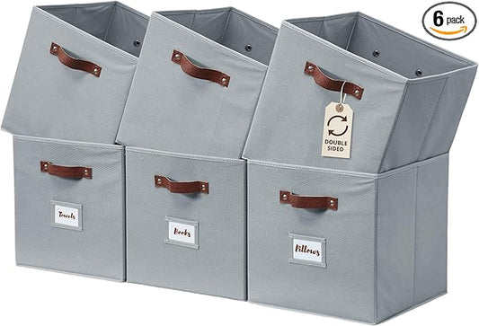 DECOMOMO Storage Bins, Cube Storage Bin with Labels | 10.5" x 11" Fabric Storage Cubes for Shelves (6pcs, Grey)