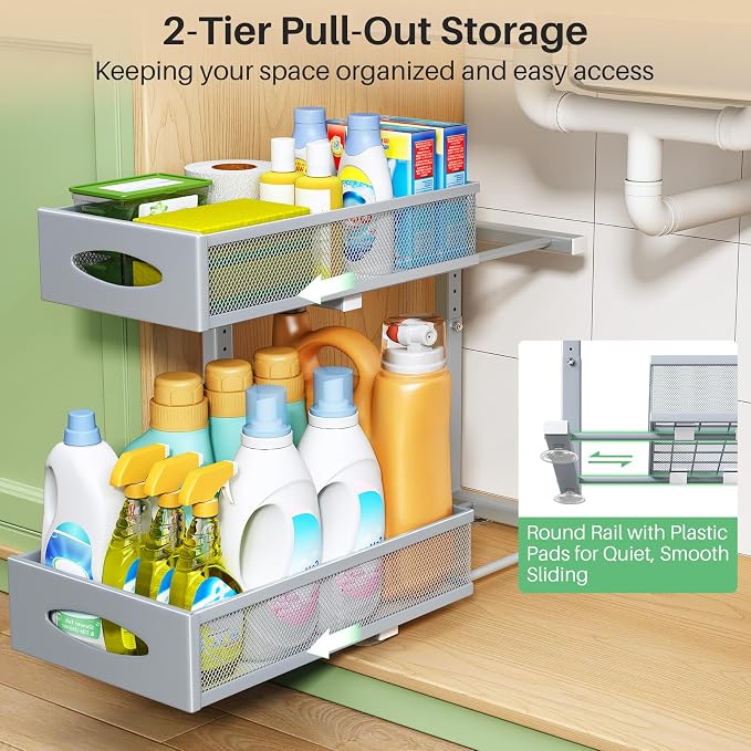 2 Pack Under Sink Organizer, 2 Tier Pull out Cabinet Organizer Mesh Baskets with 5 Adjustable Heights, Sliding Drawers Storage Shelf for Home, Kitchen, Bathroom, Pantry, Office, Countertop ,Grey