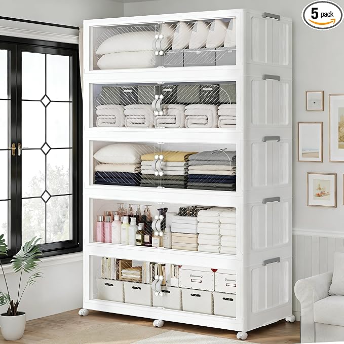 1200QT Extra Large Stackable Storage Bins with Lid, 300Gal Plastic Closet Organizers and Storage Drawer, Collapsible Cabinet Box with Wheels Clear Doors for Home Kitchen Office, 5Pack White