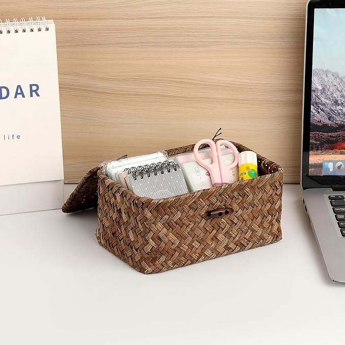 Small Wicker Basket with Lid, Handwoven Seagrass Organizer | Wicker Shelf Basket Rectangular Multipurpose Desktop Organizer Bin for Key, Remote Control, 7.0" x 4.3" x 3.3"
