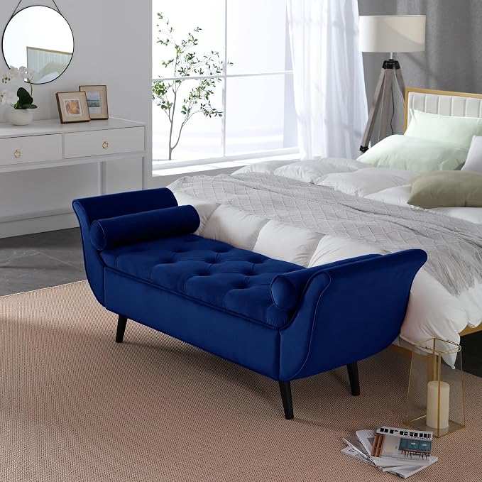 Storage Bench for Bedroom End of Bed, Velvet Upholstered Rolled Armed Button Tufted Sofa Stool Bench, Storage Ottoman Couch Long Bench with Solid Wood Legs (Navy)