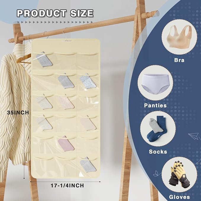 26-Pocket Hanging Closet Organizer for Socks and Underwear, Beige | Non-woven clear compartments keep bras & leggings visible; swivel hook fits wardrobe, closet rod, wall, door or shelves.