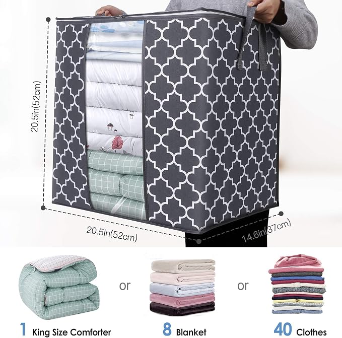 WISELIFE Storage Bags 2 Pack/100L Large Blanket Clothes Organization and Storage Containers for Comforters,Bedding, Foldable Organizer with Reinforced Handle, Clear Window, Sturdy Zippers,Gray