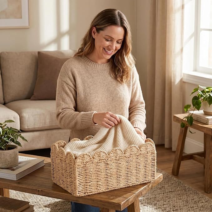 Foldable Scalloped Wicker Basket, Portable Storage Basket for Shelves, Decorative Boho Home Organizer for Bathroom and Living Room