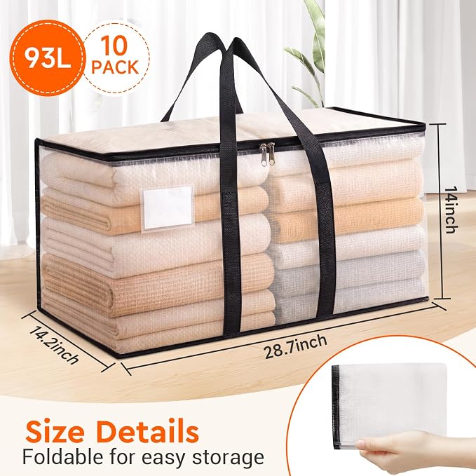 BlissTotes Moving Bags, 10-Pack Storage Bags, Moving Boxes Heavy Duty Extra Large, Moving Totes, Clear moving Bag, Reinforced Handles & Tag Pocket (93L)