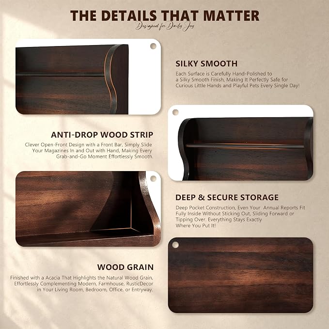 Acacia Wood Mail Organizer Wall Mount with 7 key Hooks Entryway, Dark Brown | Mail Holder for Wall, Key Rack for Keys and Wallets, Mail Holder, Farmhouse Magazine Holder, Wood Decor, Home Organization