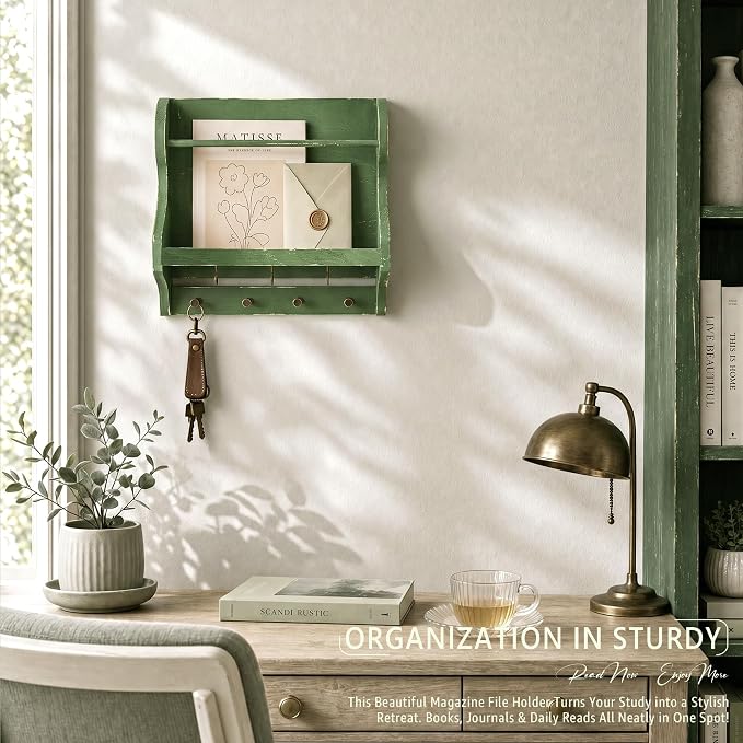 Pine Wood Mail Organizer Wall Mount with 7 Key Hooks for Room Decor, Green | Mail Holder for Wall, Key Hanger for Sunglasses and Wallets, Mail, Farmhouse Magazine Holder, Home Organization, Wood Decor
