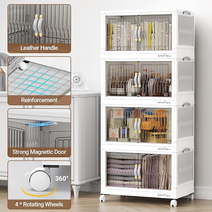 BROVIEW 240 Qt Stackable Storage Bins with Lid, Plastic Closet Organizers and Storage Drawer, Collapsible Storage Box with Wheels, Folding Storage Cabinet for Closet Clothes Organization, 3Pack White