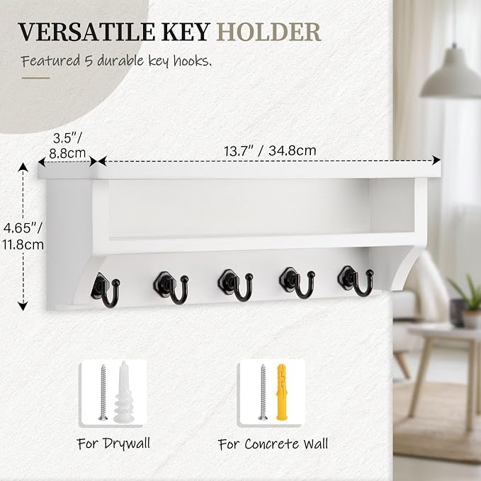 Nekon Key Holder Wall Mount, Wall Organizer Shelf with 5 Key Hooks, Room Decor for Home and Apartment Essentials, White