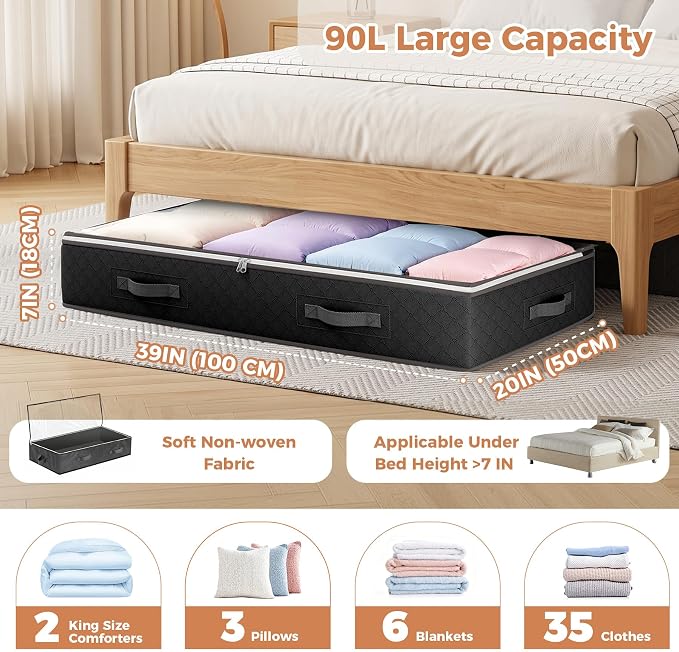 Budding Joy 90L Under Bed Storage Containers, 6 Pack Clothes Storage Bins | Foldable underbed storage bins for linen sheets, blanket, clothing, comforter, sweaters, pillows, wrapping paper, black
