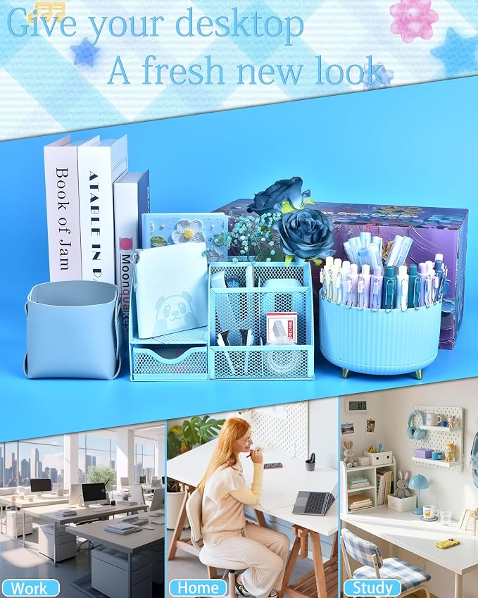 Blue Desk Accessories and Organizers with Desk Organizer and 360°Rotating Pen Holder stapler Pen and a Lot of Office Blue Office Supplies Beautifully Presented in a Gift Box