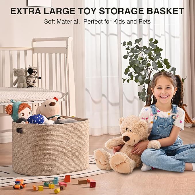 ICERZCZ Large Storage Basket for Organizing, Blanket Basket for Living Room, Large Toy Baskets for Storage, Woven Cotton Rope Baskets for Blankets, Clothes, Shoes, Brown, 25”x16”x16” (105L)