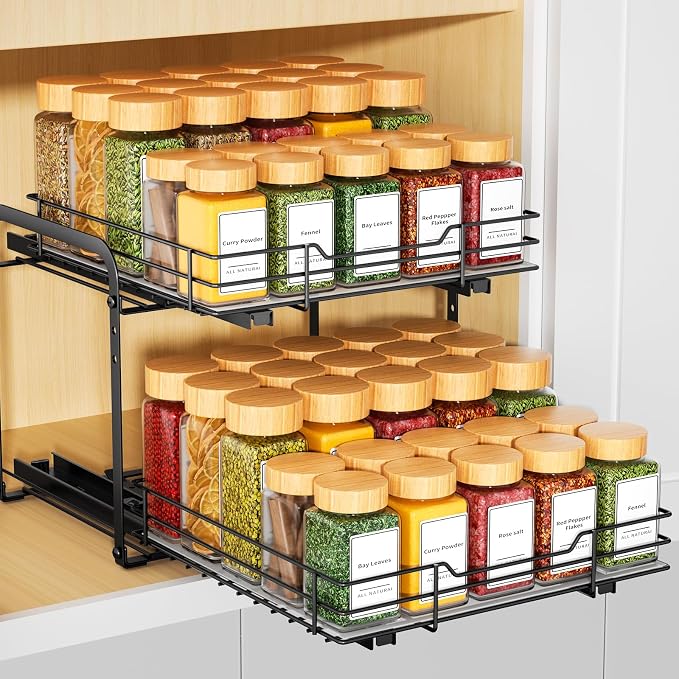 RCHYFEED 2 Tier Pull Out Spice Rack Organizer for Cabinet,11.5"Wx10.5Dx9.5H | Height Adjustable Spice Organization for Cabinet Metal Slide Out Spice Rack Heavy Duty Vertical Spice Rack for Cabinet,Pantry