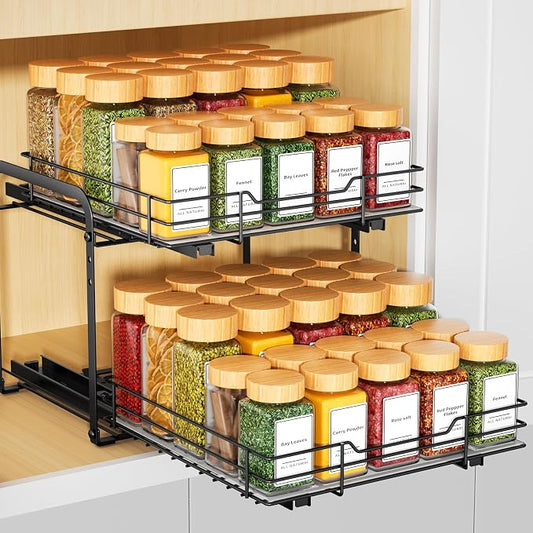 RCHYFEED 2 Tier Pull Out Spice Rack Organizer for Cabinet,11.5"Wx10.5Dx9.5H | Height Adjustable Spice Organization for Cabinet Metal Slide Out Spice Rack Heavy Duty Vertical Spice Rack for Cabinet,Pantry