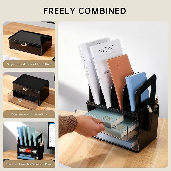 CiWiVOKi Desk Organizer with 4 File Slots and 2 Drawers, Black | File organizer with dual pen holders and storage compartments for mail, documents and office supplies