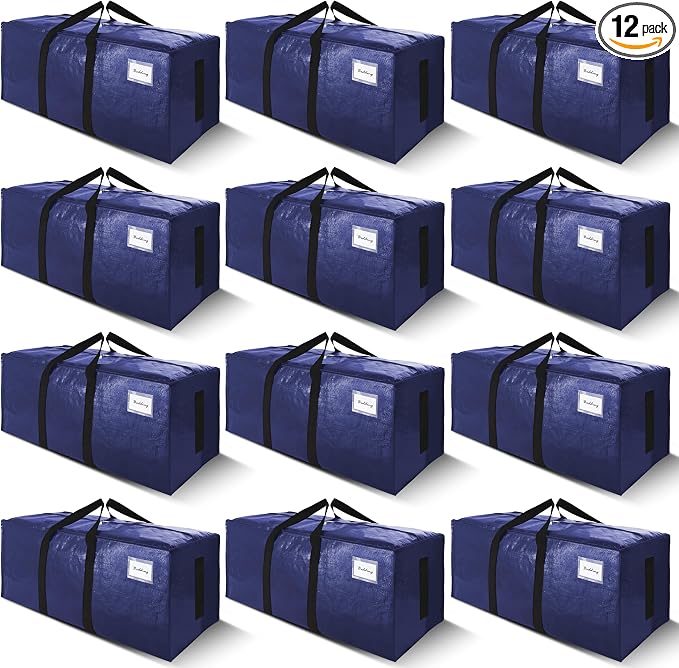 SWEET DOLPHIN 12 Pack 200LB Heavy-Duty Moving Bags with Wrap-Around Handles, Extra Large Storage Totes for Space Saving, Clothes Storage Bags, College Dorm Essentials, Blue, 24 Gal