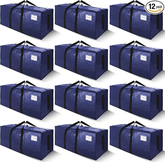 SWEET DOLPHIN 12 Pack 200LB Heavy-Duty Moving Bags with Wrap-Around Handles, Extra Large Storage Totes for Space Saving, Clothes Storage Bags, College Dorm Essentials, Blue, 24 Gal