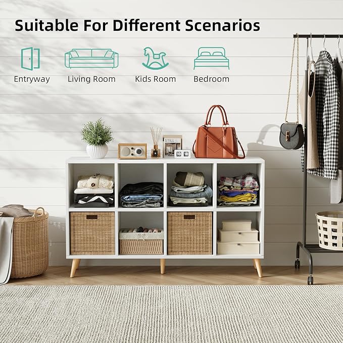 8-Cube Bookshelf 2 Tier Modern Bookcase with Legs, 11in Shelf Opening, 47" Wood Bookshelves Storage Organizer Shelf, Freestanding Open Book Shelves for Bedroom Living Room Office, White