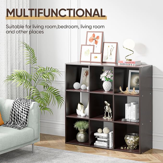 ZenStyle 9 Cube Storage Shelf Organizer, Wooden Bookshelf System Display Cube Shelves Compartments, Customizable W/ 5 Removable Back Panels (Brown, 9 Cube)