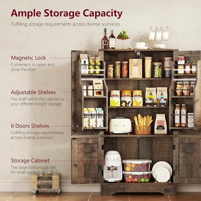 Storage Cabinet with 4 Doors, 43.3" H Farmhouse Kitchen Cabinet with 6 Door Shelves, Kitchen Storage Cabinets with Adjustable Shelves, for Living Room, Antique Oak