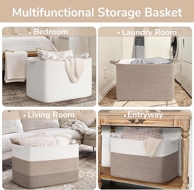 Goodpick 105L Extra Large Woven Blanket Basket, Cotton Rope, Light Brown | 25 x 16 x 16 in, Rectangle, Living Room, Bedroom & Nursery Organization, Blankets, Pillows, Toys & Clothes Storage