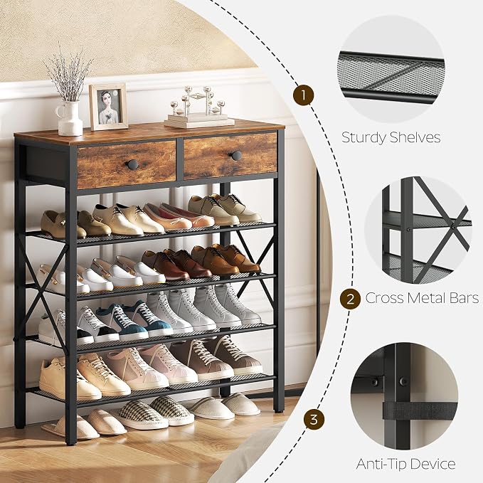 5 Tier Shoe Rack, Large Capacity Shoe Storage Organizer, Metal Shoe Shelf with Drawer and Wooden Top, for 20 Pairs of Shoes, for Entryway, Closet, Rustic Brown and Black SS25BRY1N1