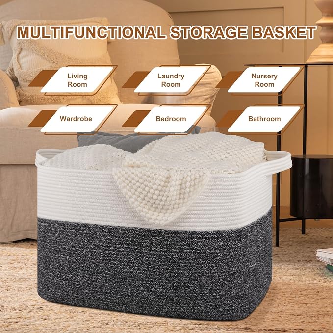 OIASKET 108L Cotton Rope Storage Basket for Living Room and Bedroom 25"x16"x16" Woven Laundry Basket, Heavy Duty Bin for Blankets, Pillows & Toys, Pet-Safe & Scratch-Free, Dark Grey and White
