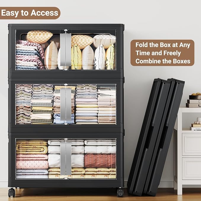 BROVIEW 640Qt Extra Large Stackable Storage Bins with Lids, 160Gal Collapsible Storage Bin with Wheels Clear Door, Folding Plastic Closet Organizers and Storage Drawers for Home Kitchen, 4 Pack Black