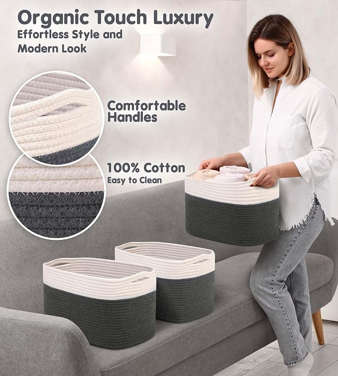 CHAT BLANC Cotton Rope Baskets for Organizing, Shelves, Toys, Storage, Shoe, Bathroom, Laundry, Towel, Nursery, Home Decor, Blanket, Cloth Woven Bins Fabric (Creamy White & Graphite, 15"x10"x9")
